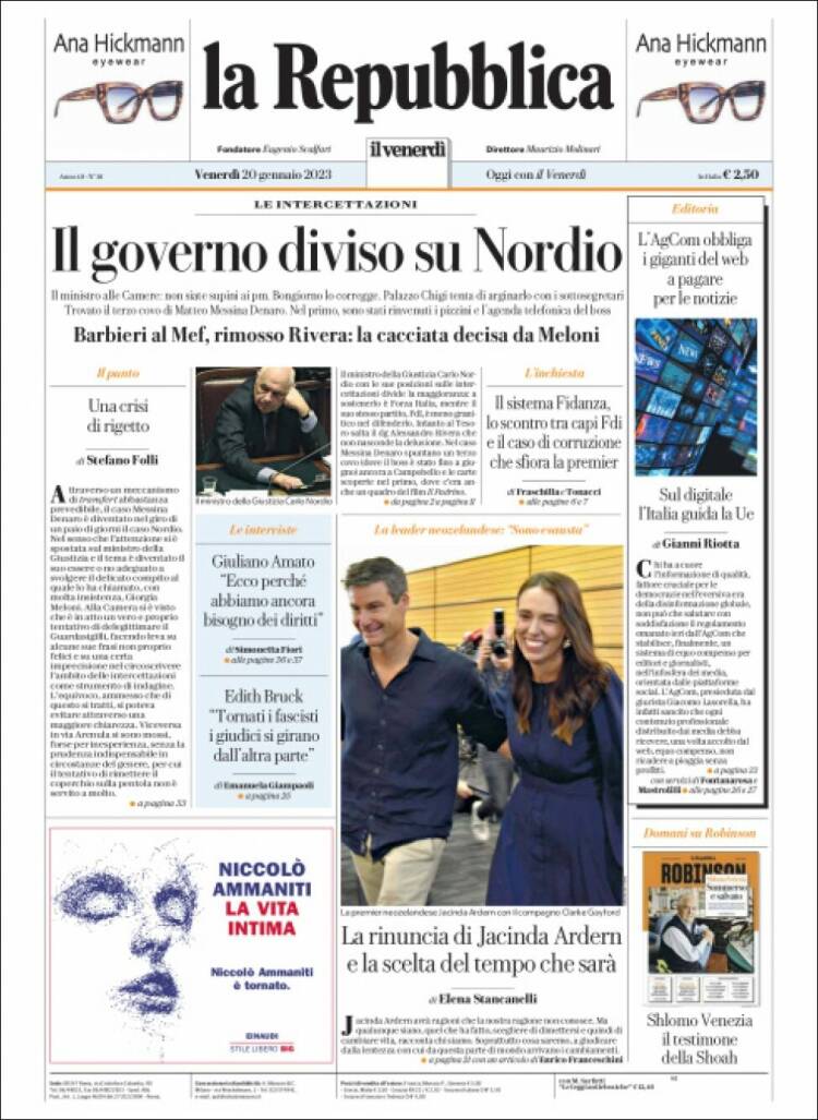 Portada de La Repubblica (Italia)