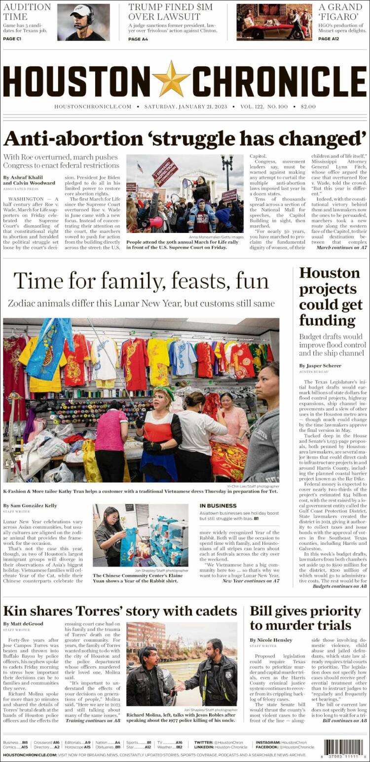 Portada de Houston Chronicle (USA)