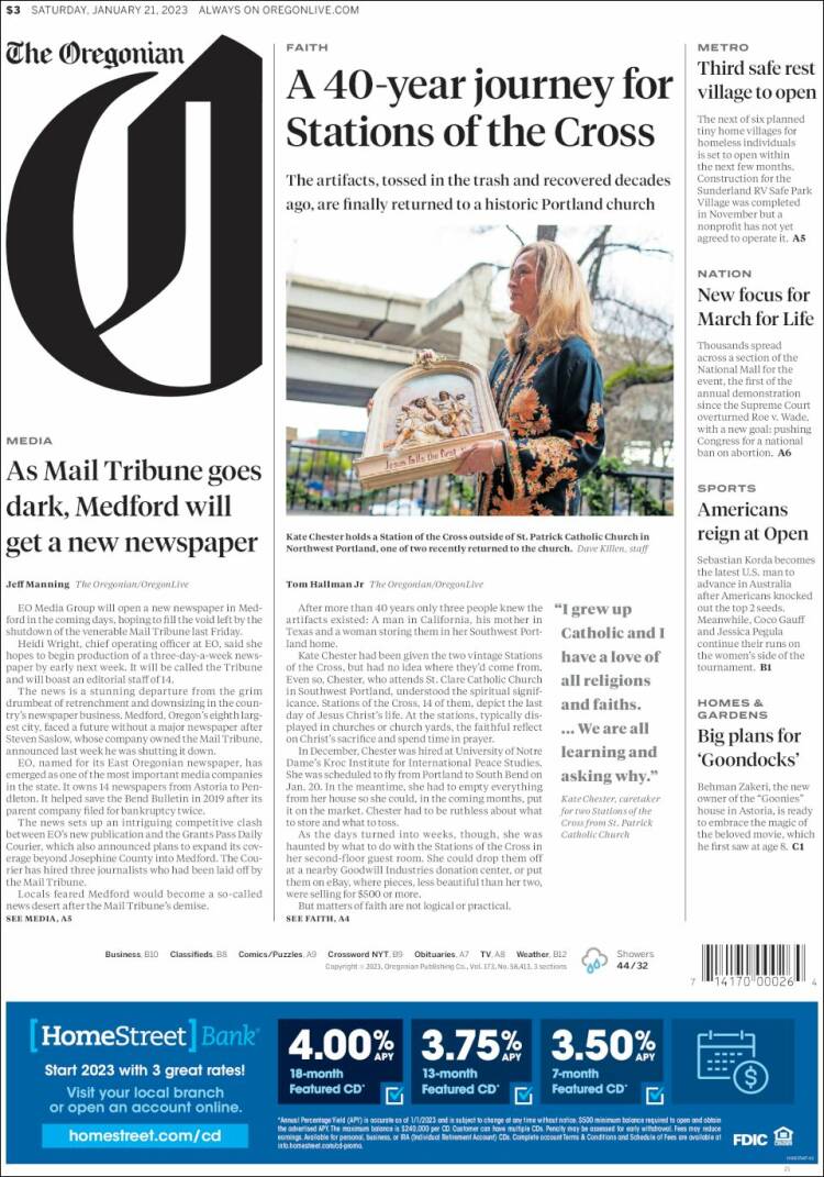 Portada de The Oregonian (USA)