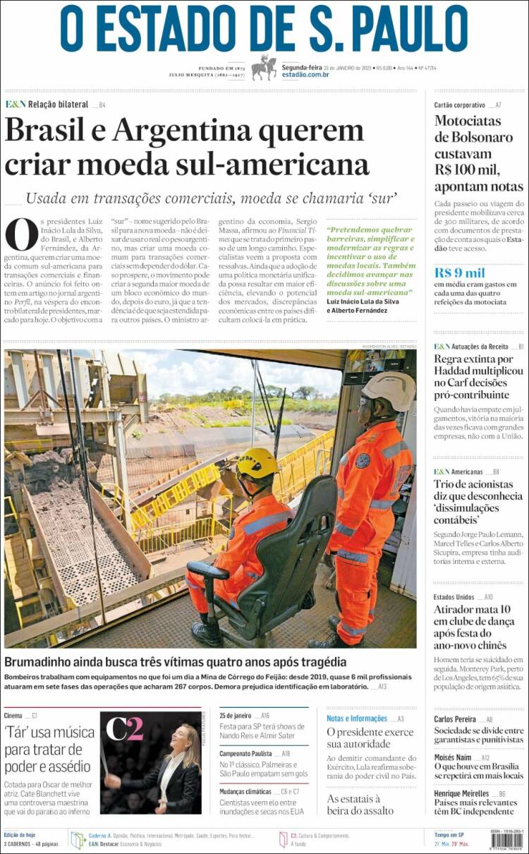 Portada de O Estado de São Paulo (Brasil)