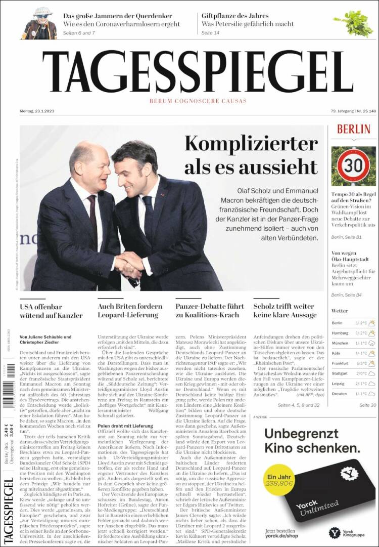 Portada de Der Tagesspiegel (Alemania)