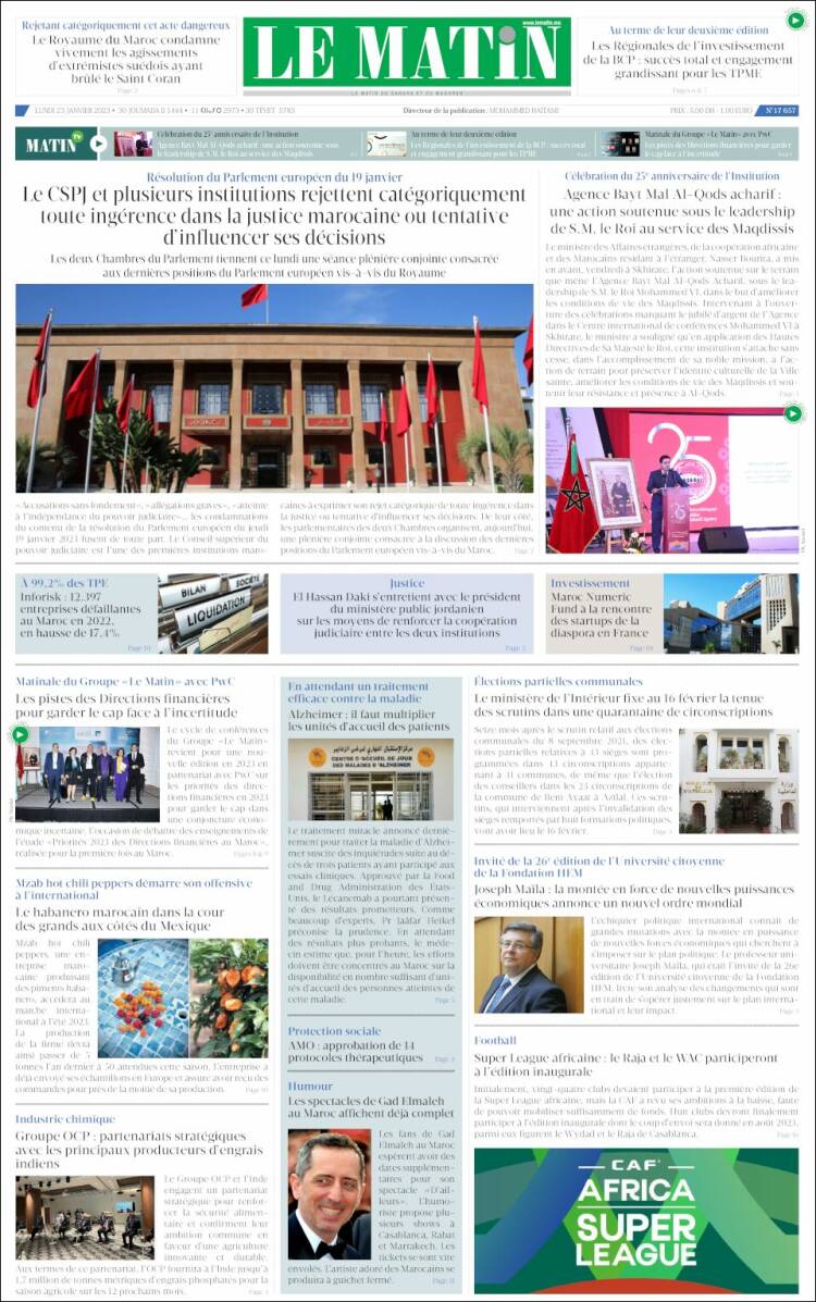Portada de Le Matin (Marruecos)