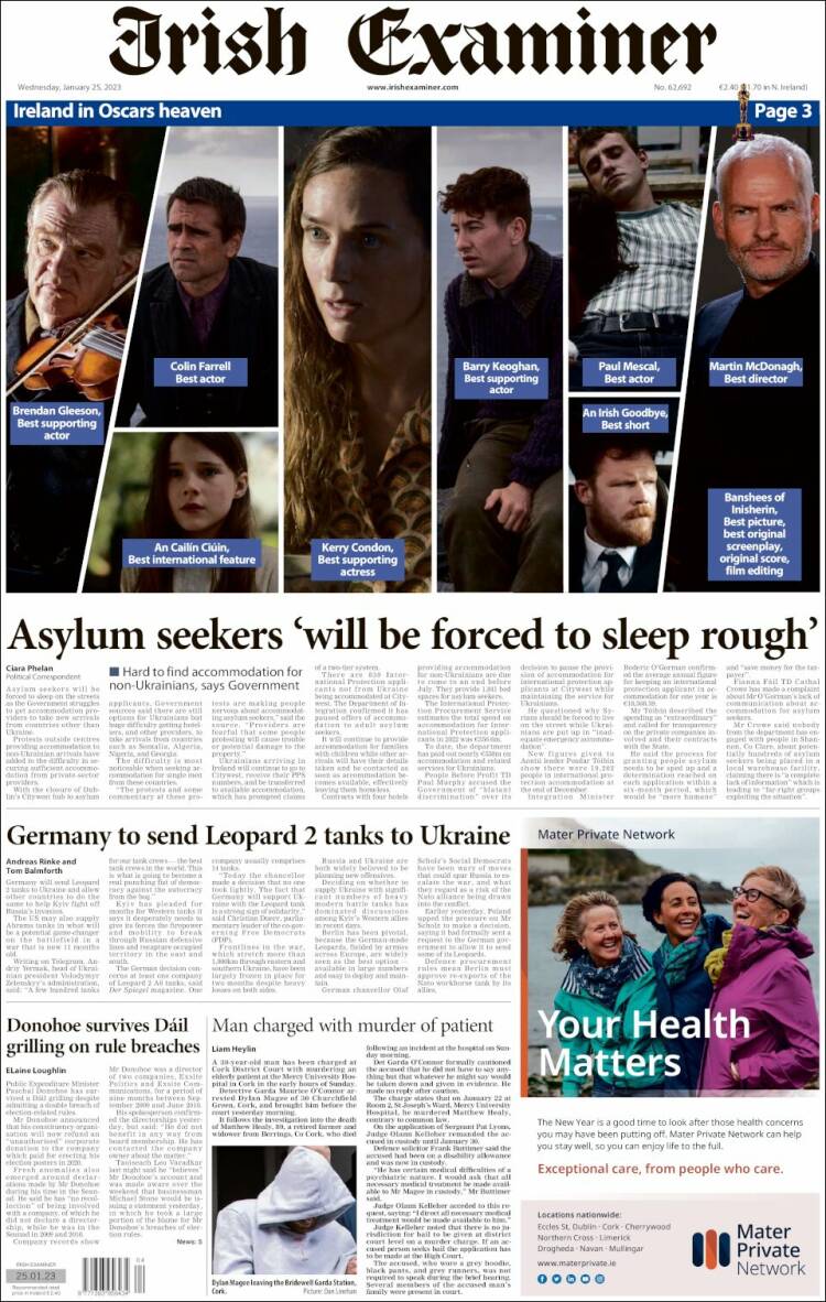 Portada de Irish Examiner (Irlanda)