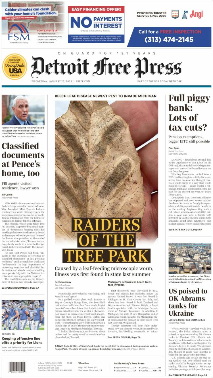 Portada de Detroit Free Press (USA)