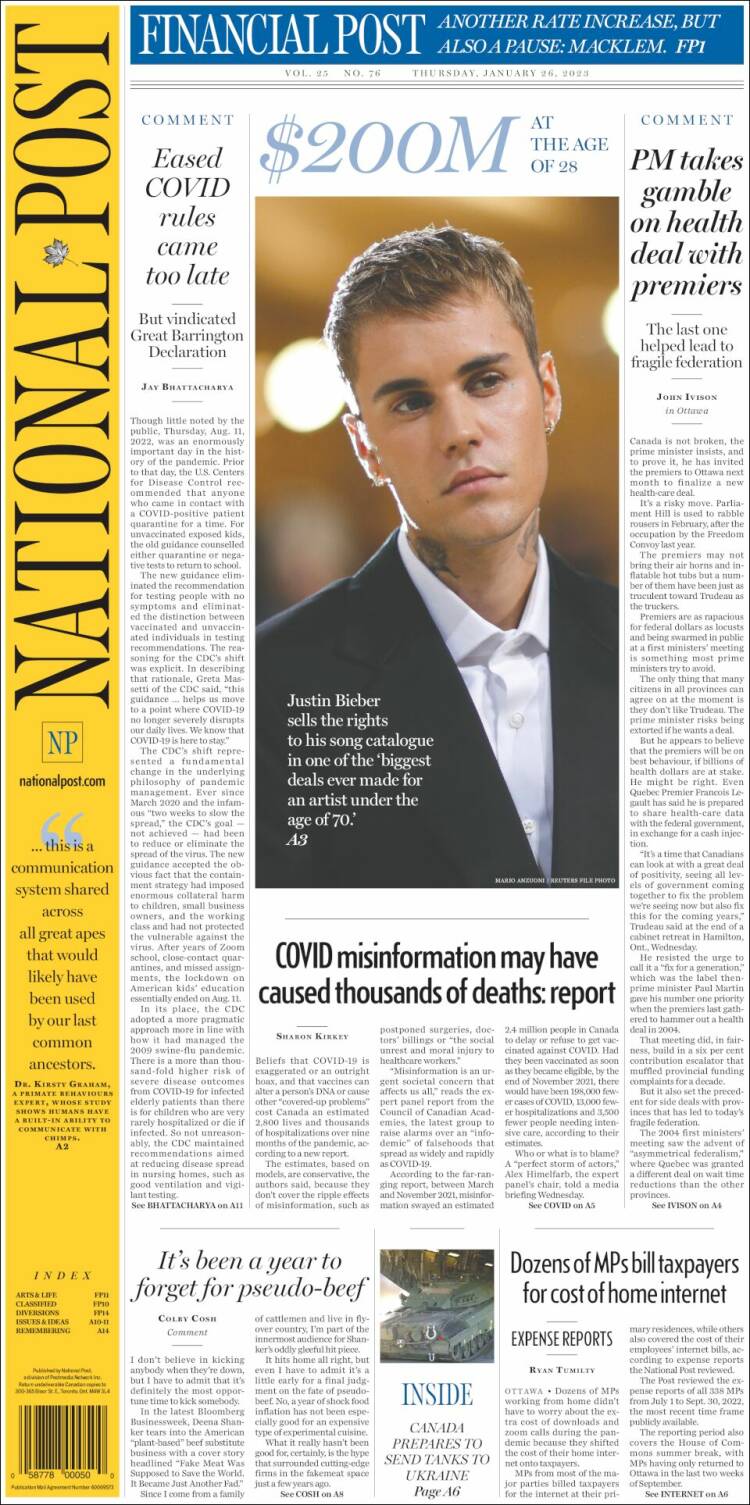 Portada de The National Post (Canadá)