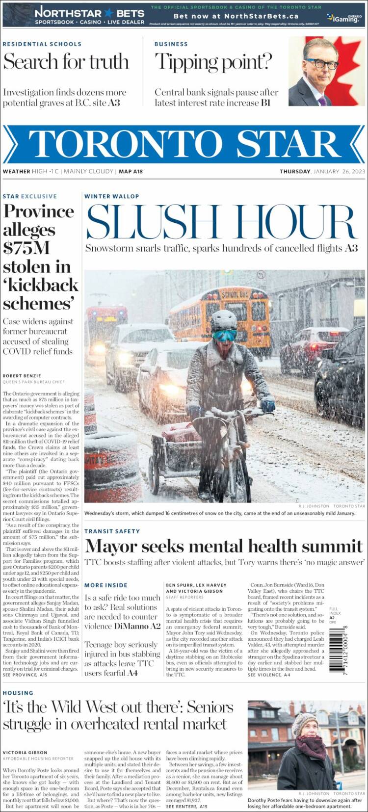 Portada de The Toronto Star (Canadá)