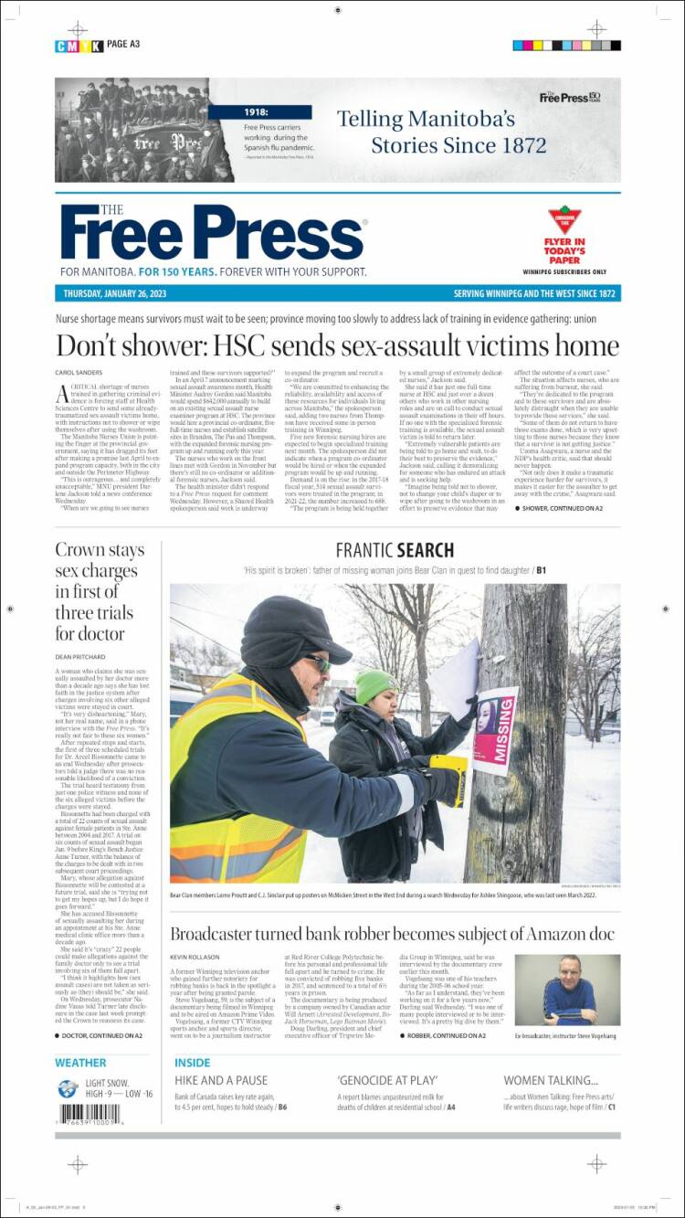 Portada de Winnipeg Free Press (Canada)