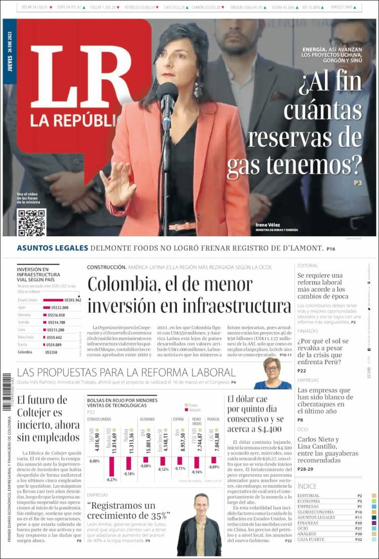 Portada de La Republica (Colombia)