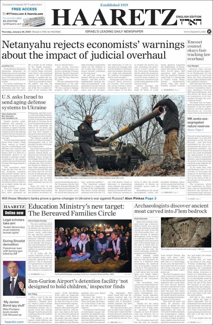 Portada de Haaretz (Israel)