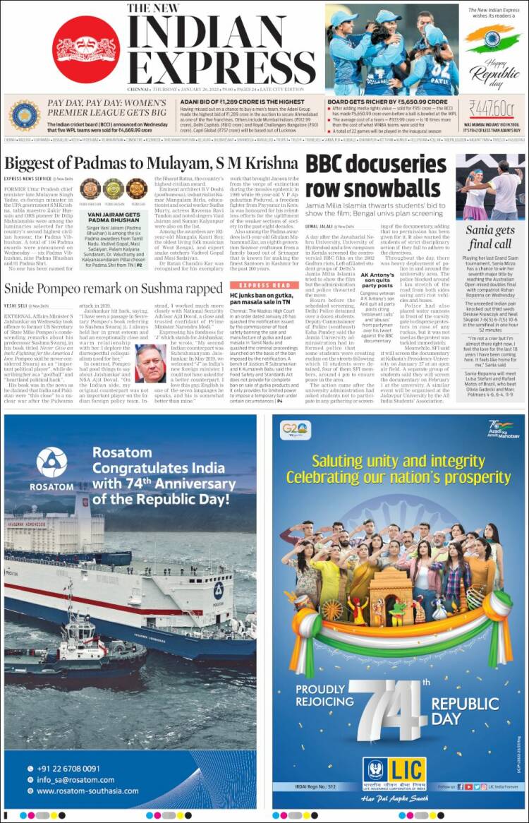 Portada de New Indian Express (India)