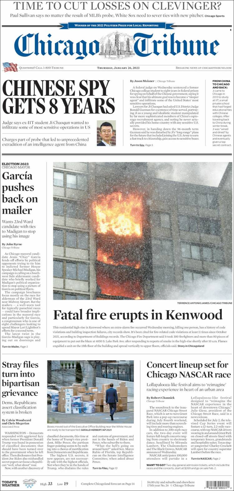 Portada de Chicago Tribune (USA)