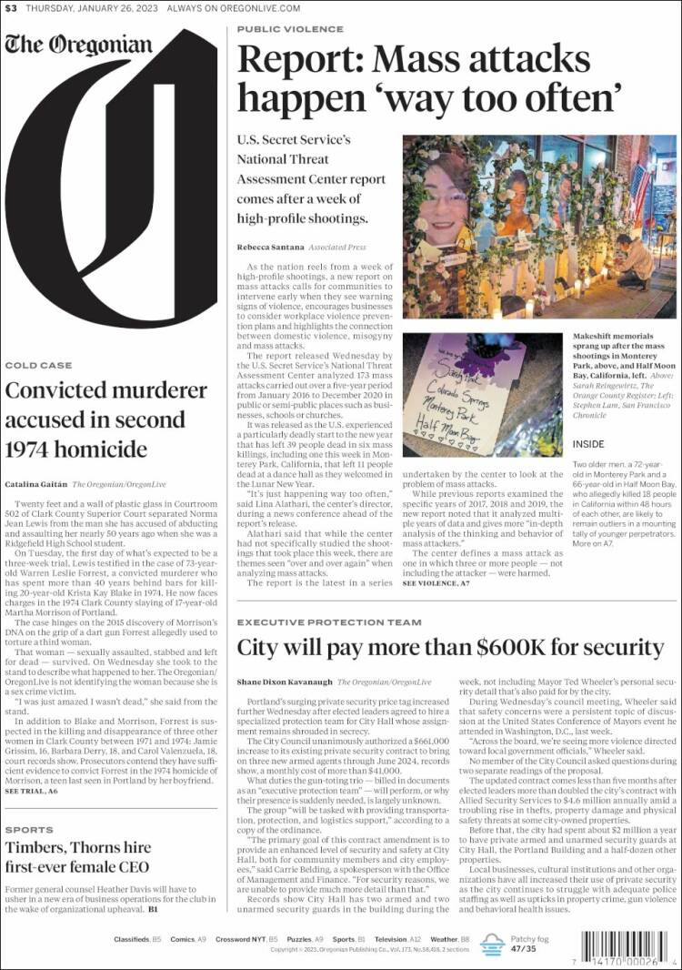 Portada de The Oregonian (USA)