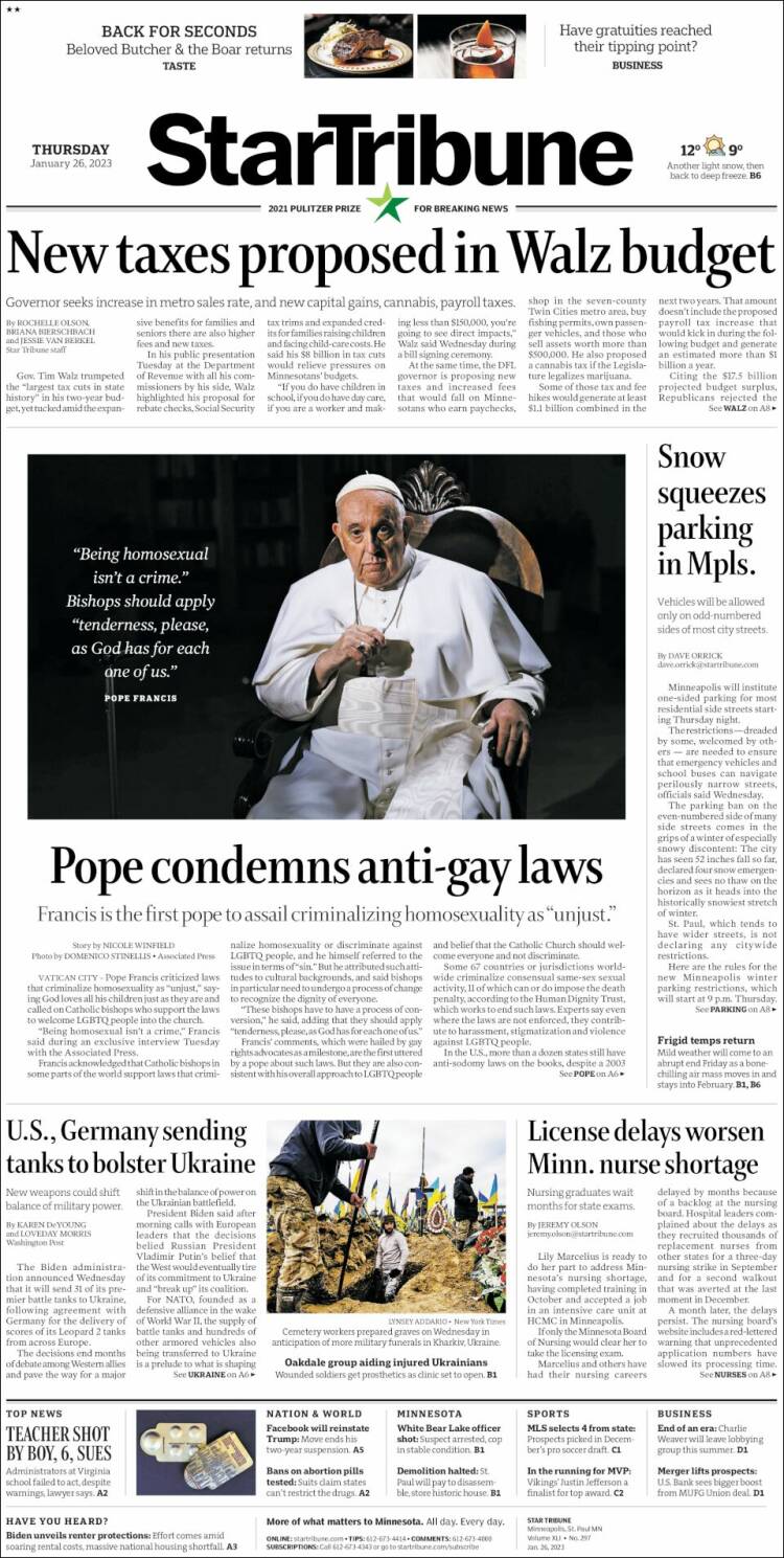 Portada de Star Tribune (États-Unis)