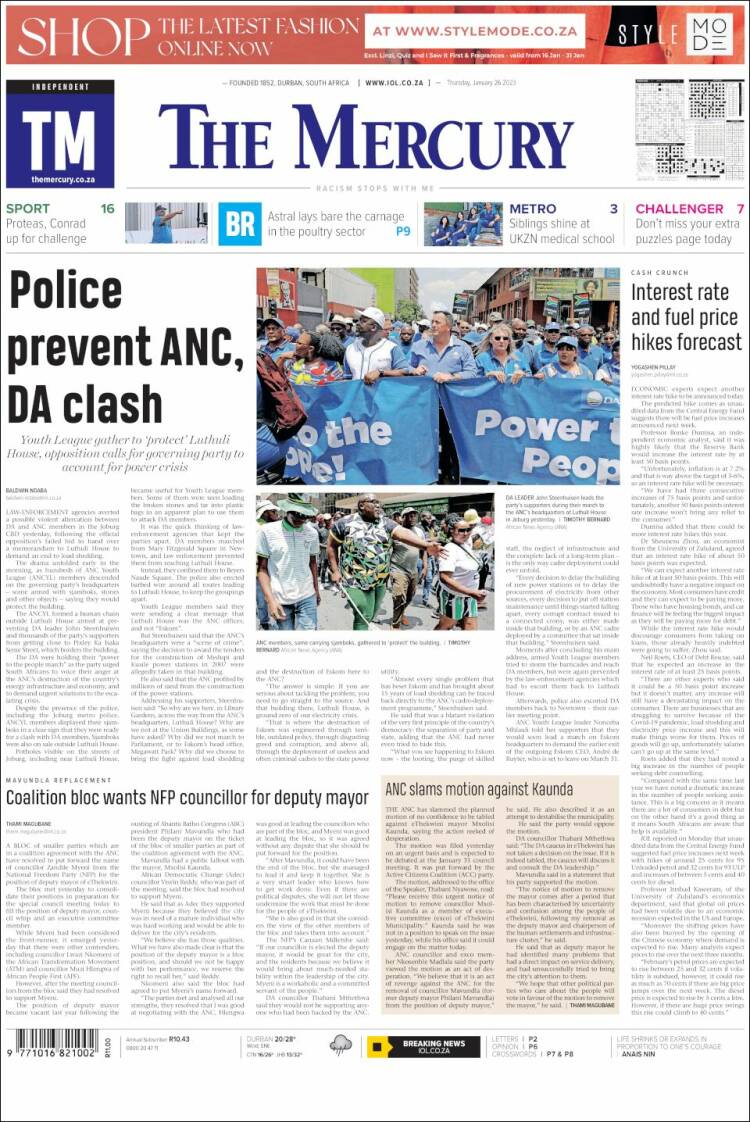 Portada de The Mercury (Sud&aacute;frica)