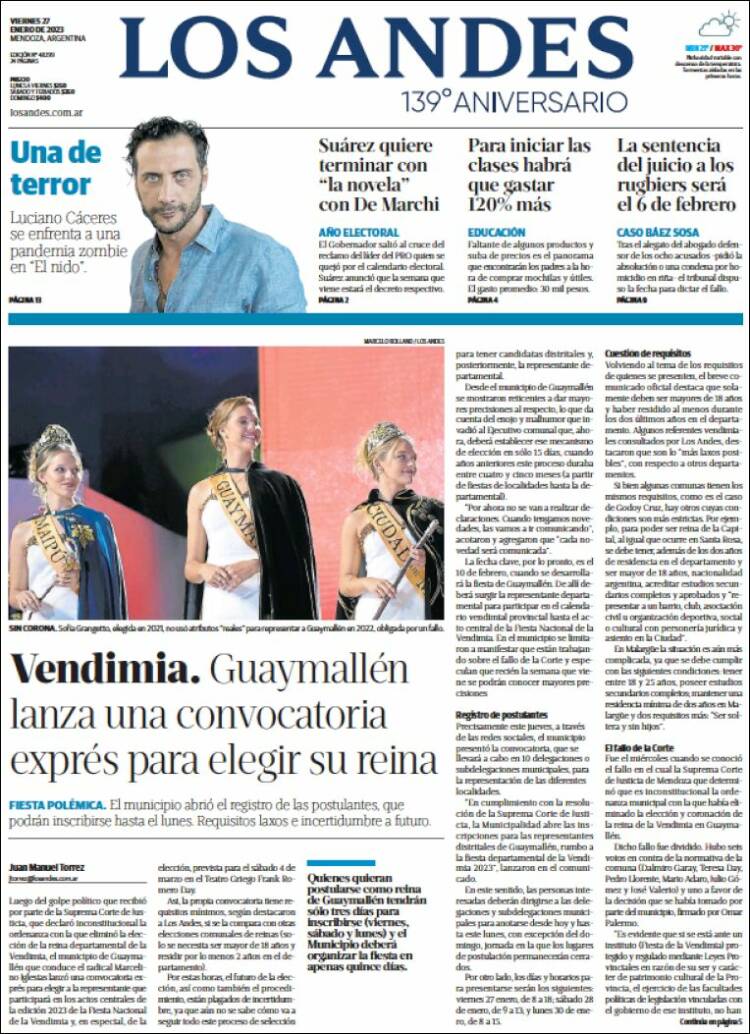 Portada de Los Andes - Mendoza (Argentina)