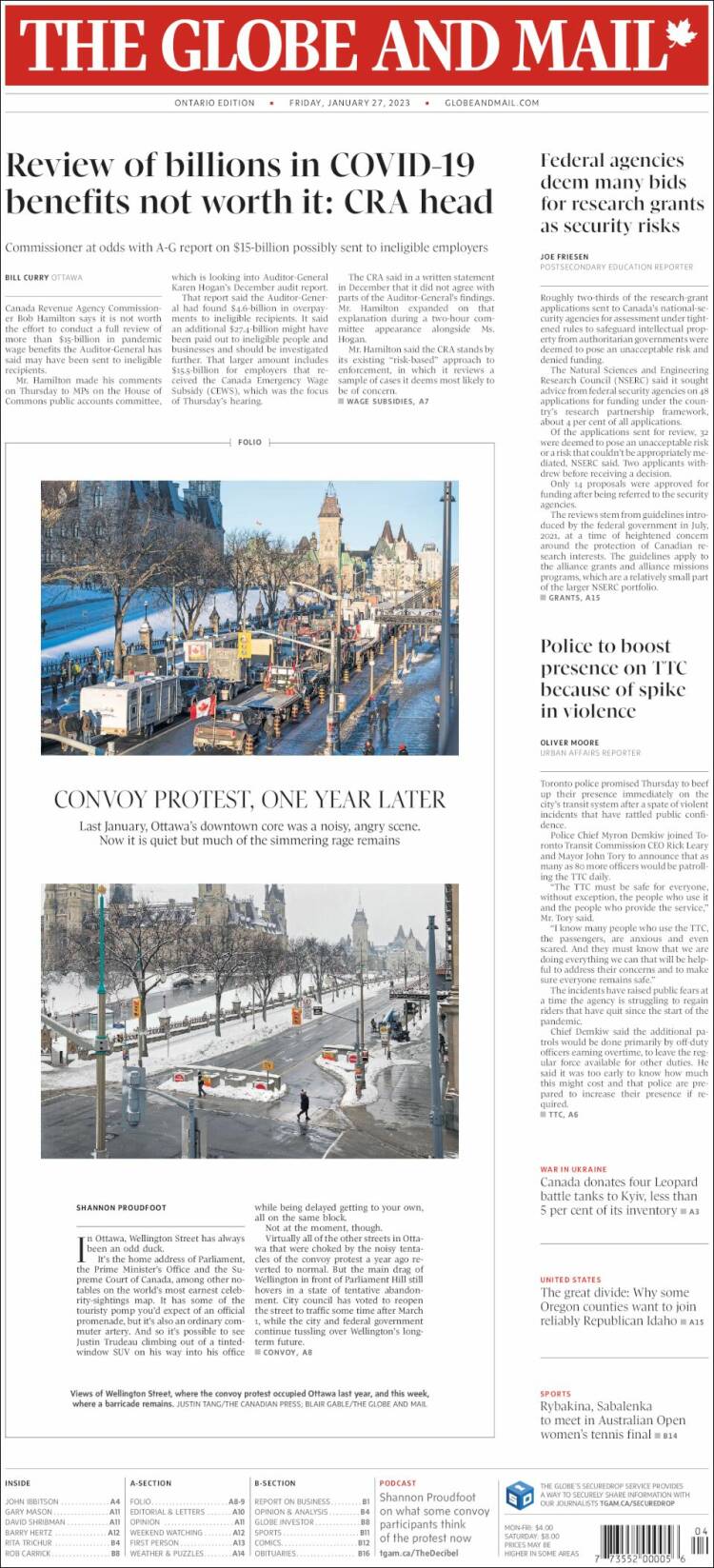 Portada de The Globe and Mail (Canada)