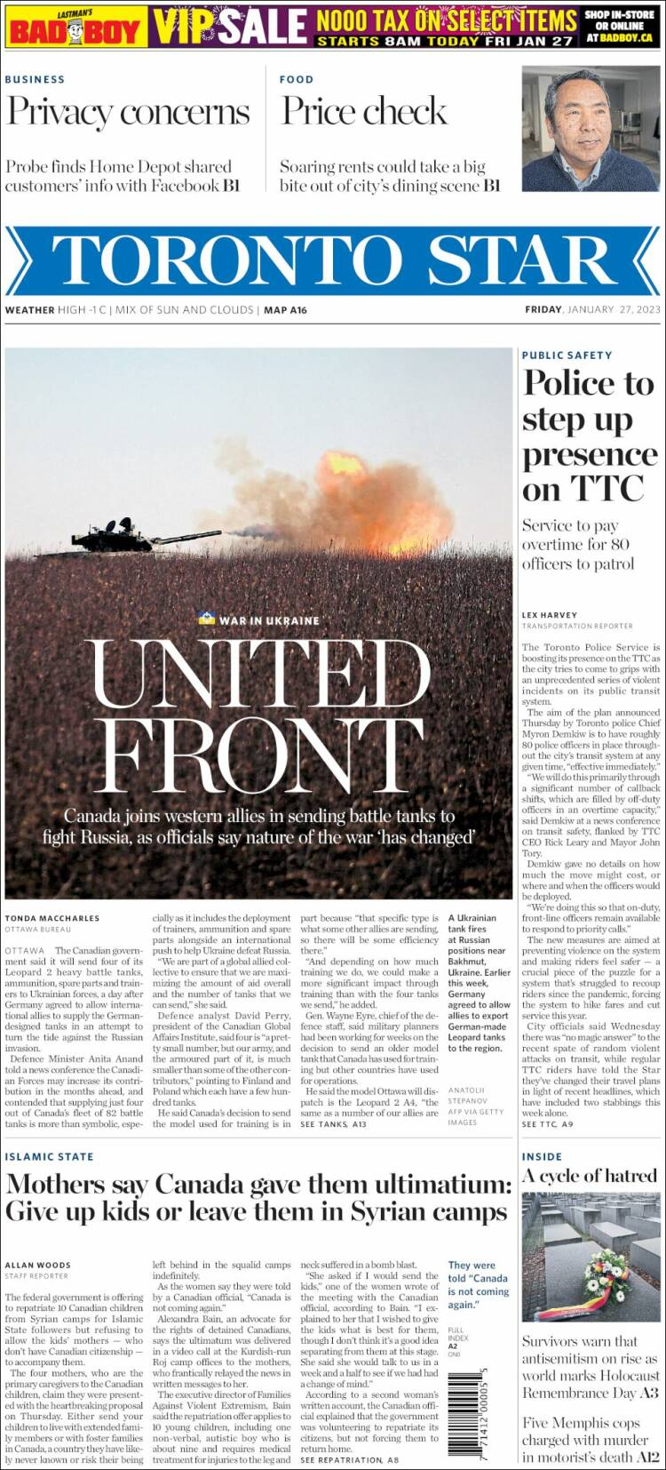 Portada de The Toronto Star (Canada)