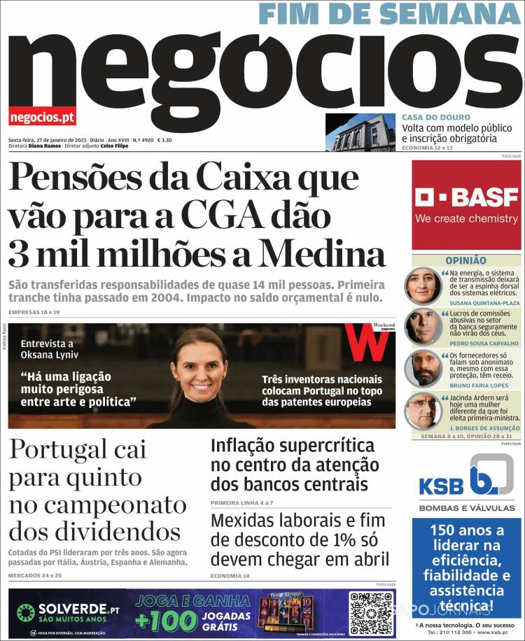 Portada de Jornal de Negócios (Portugal)