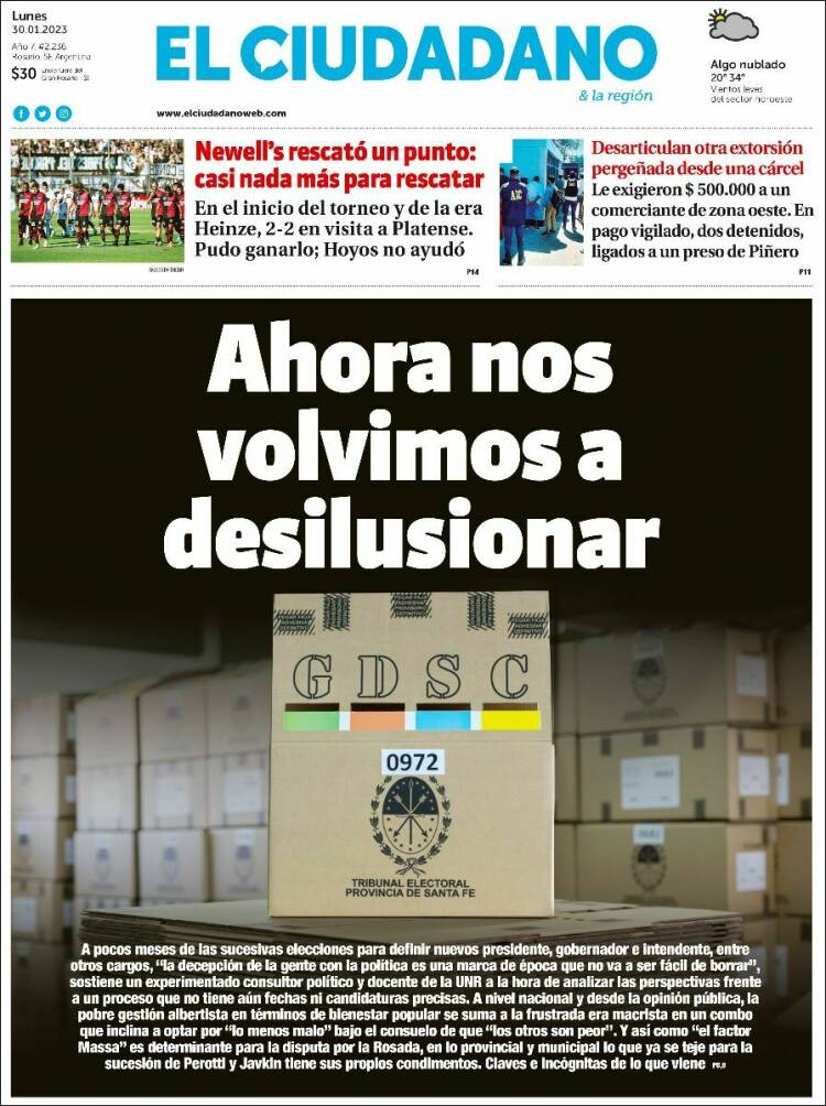 Periódico Diario El Ciudadano Argentina Periódicos De Argentina Edición De Lunes 30 De 8266