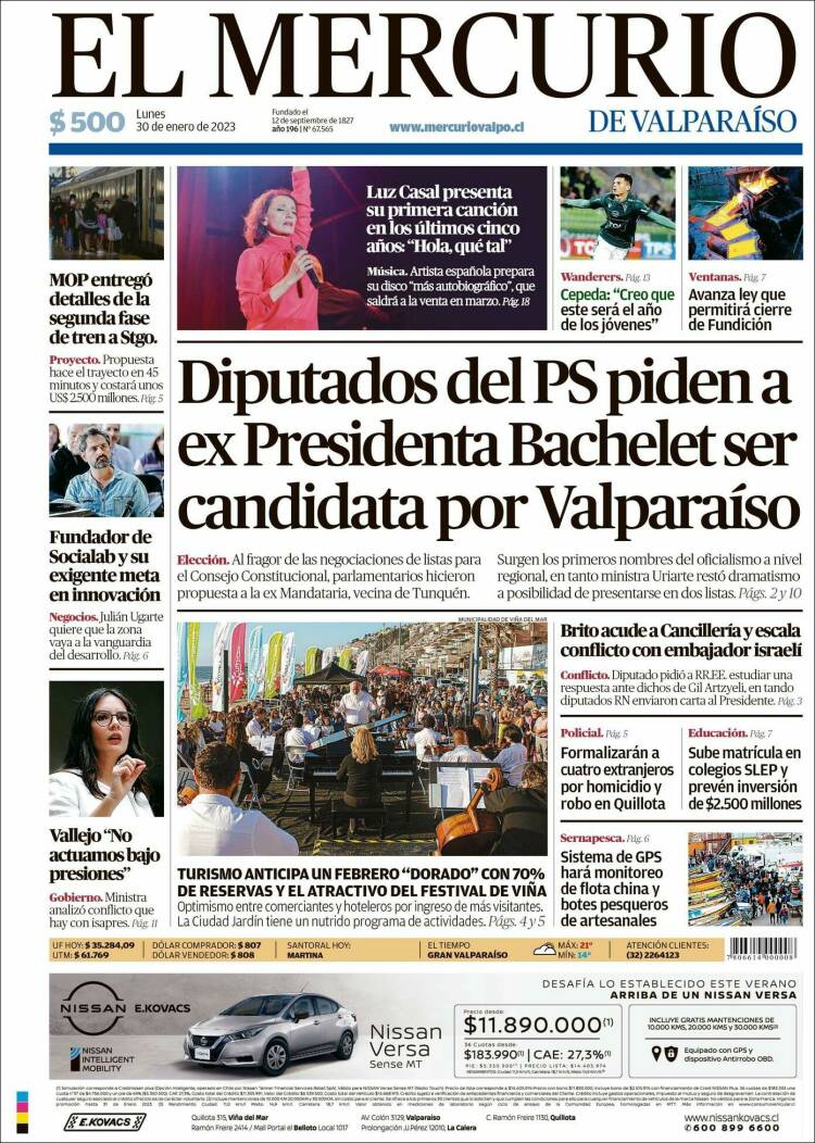 Portada de Mercurio de Valparaiso (Chile)