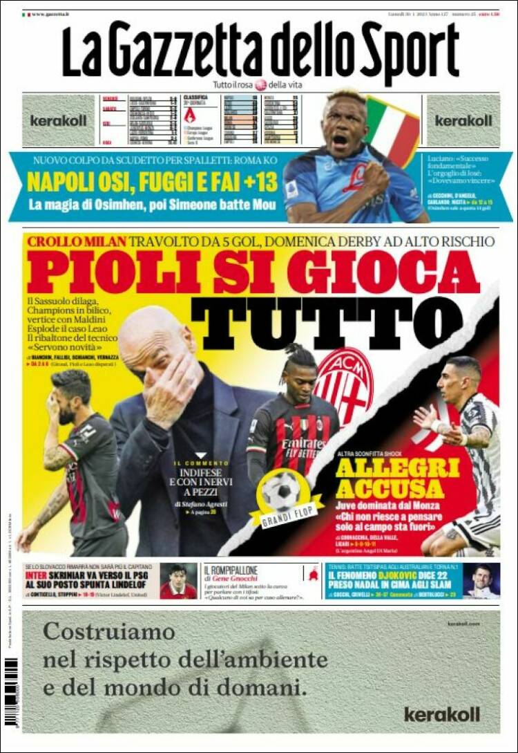 Portada de La Gazzetta dello Sport (Italia)