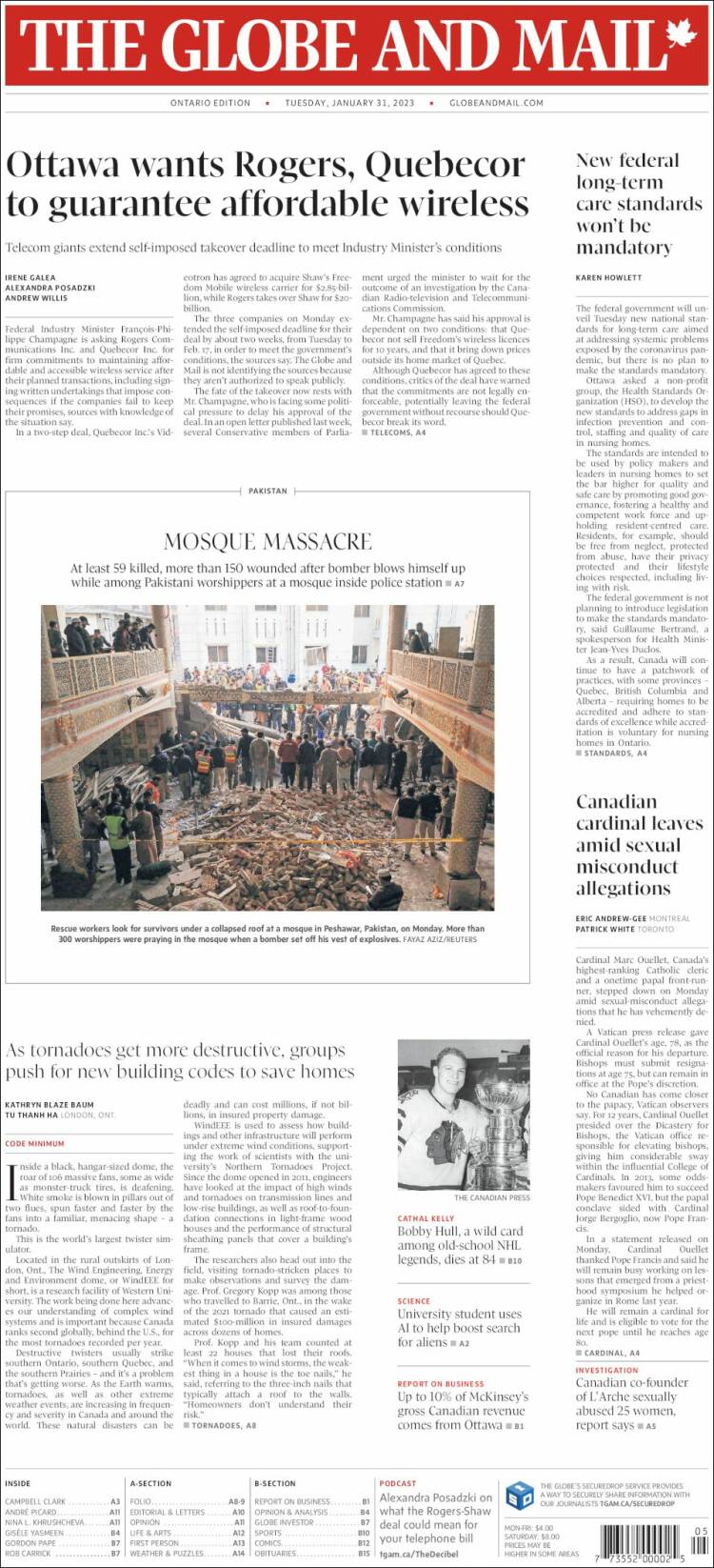 Portada de The Globe and Mail (Canadá)