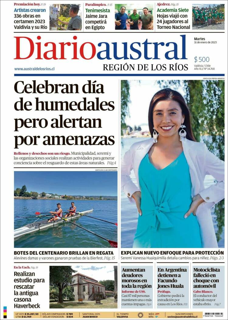 Portada de El Diario Austral de Valdivia (Chile)