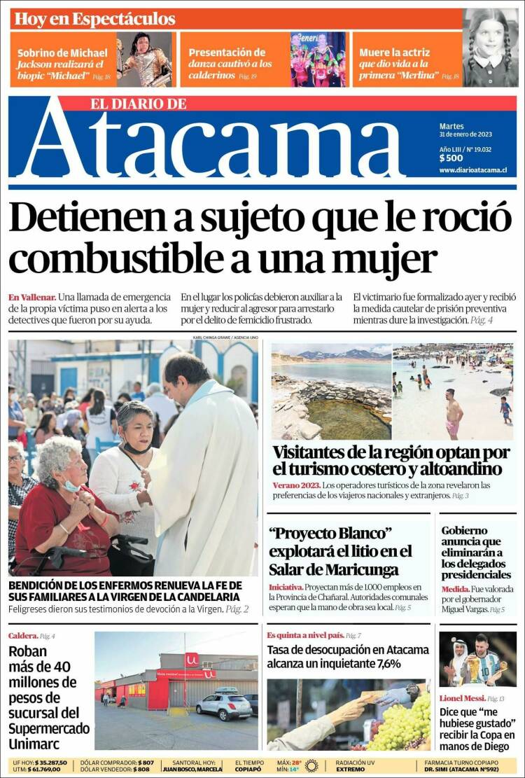 Portada de Diario de Atacama (Chile)