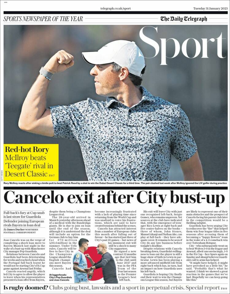 Portada de Telegraph Sport (Reino Unido)