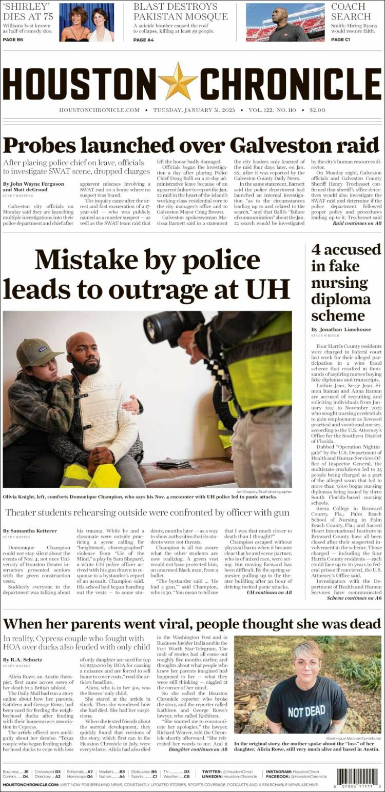 Portada de Houston Chronicle (USA)