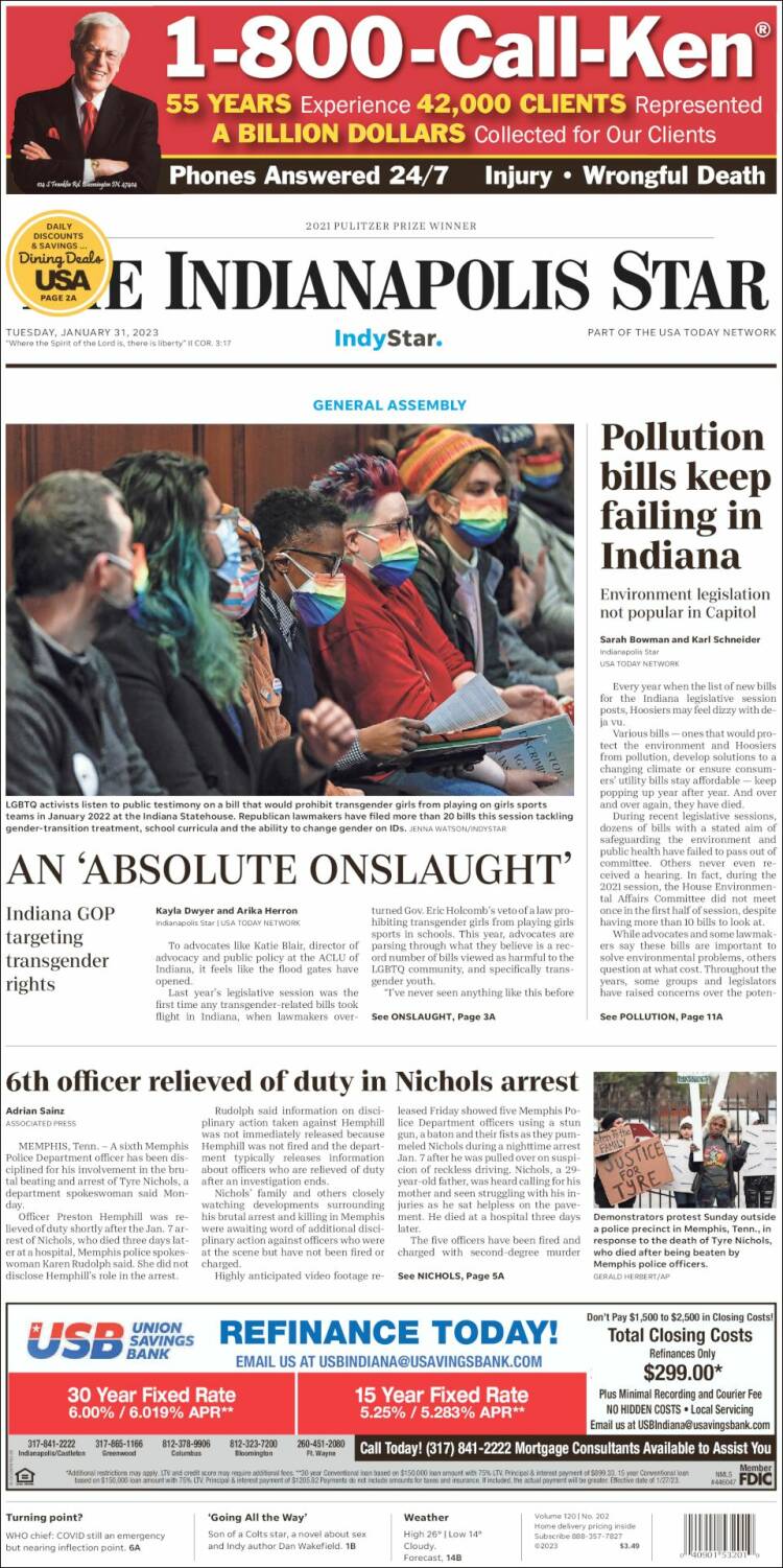 Portada de The Indianapolis Star (USA)