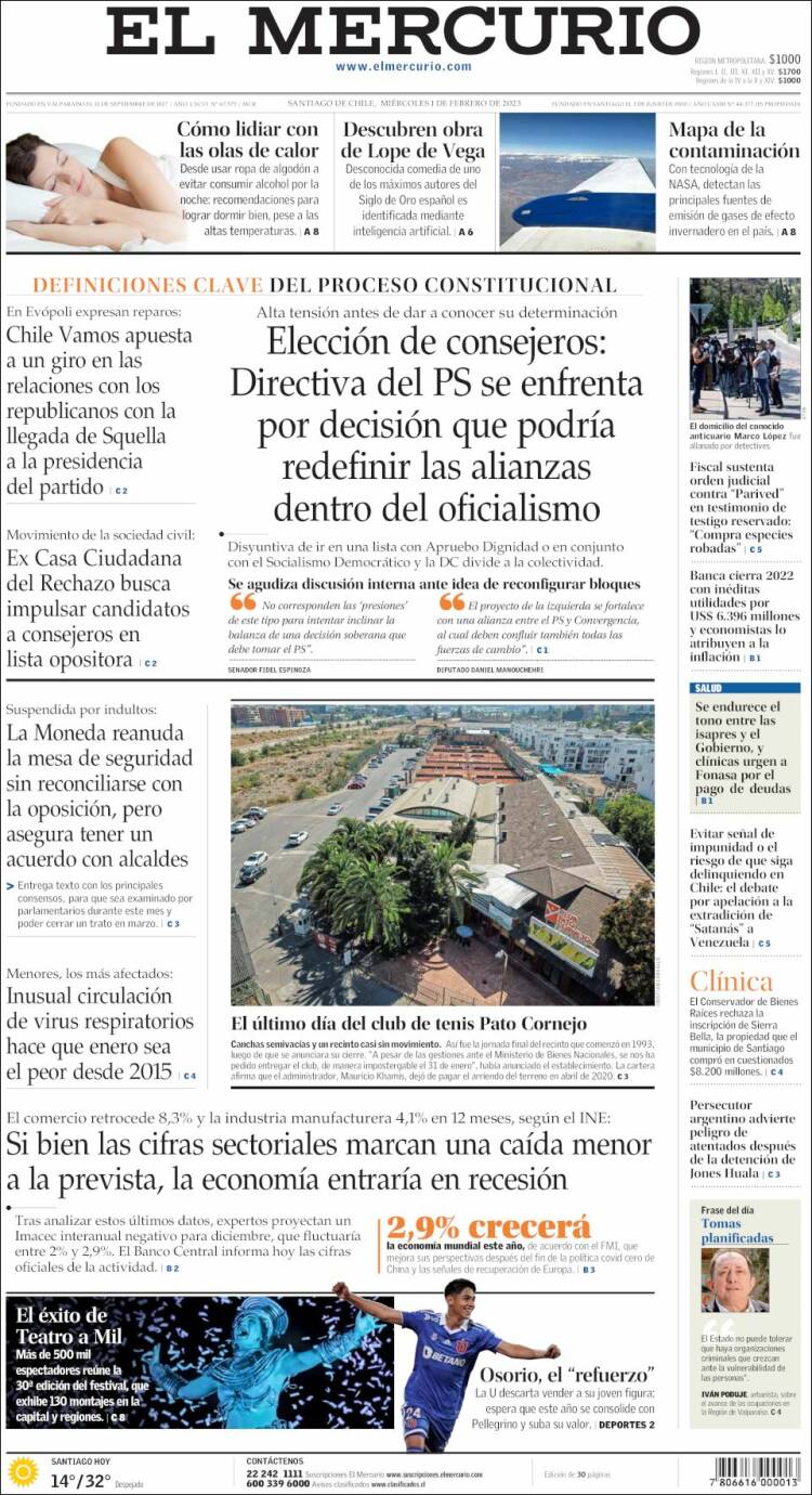 Periódico El Mercurio (Chile). Periódicos de Chile. Edición de miércoles, 1  de febrero de 2023. 