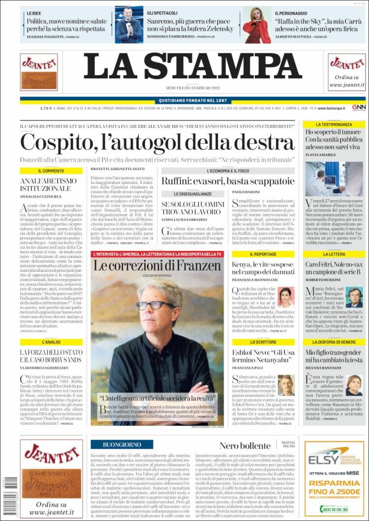 Portada de La Stampa (Italia)