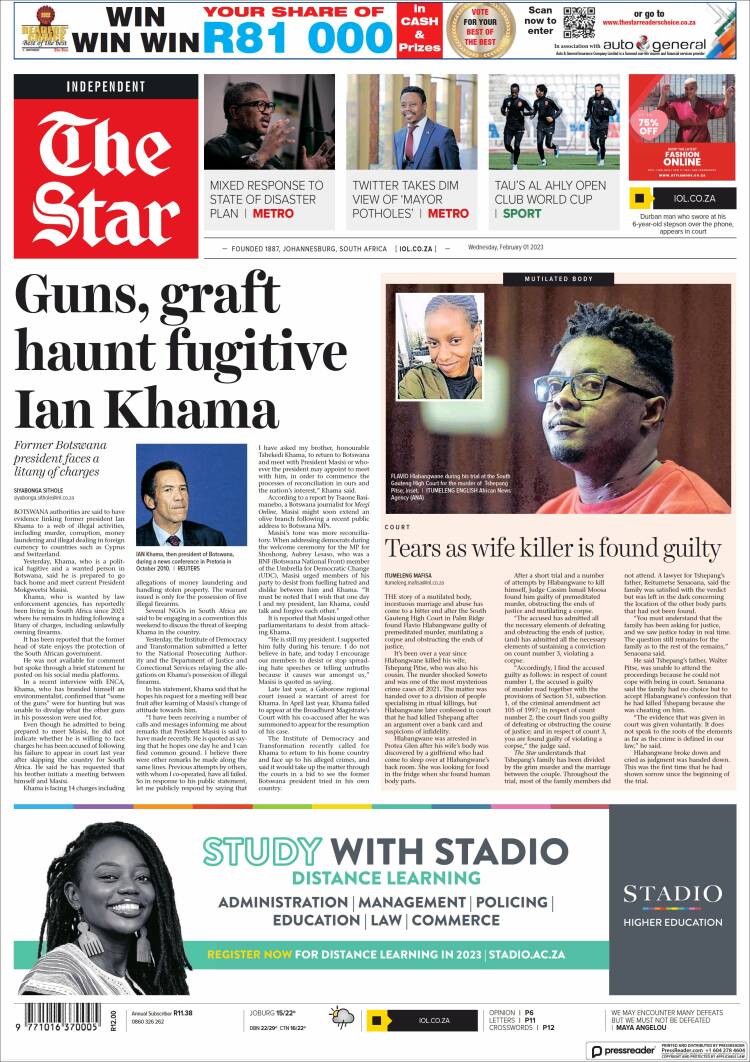 Portada de The Star (Sud&aacute;frica)