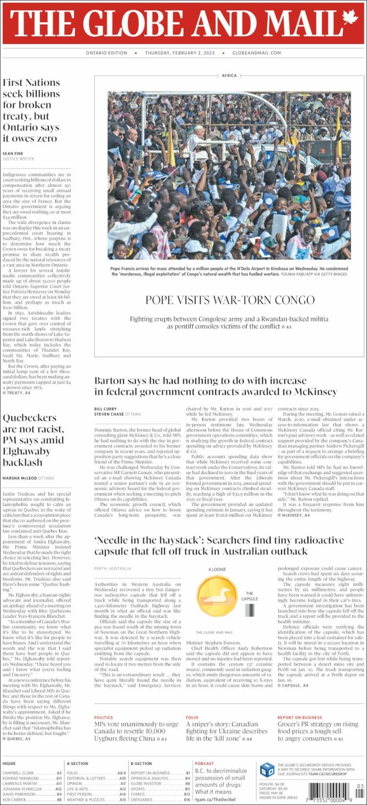 Portada de The Globe and Mail (Canadá)