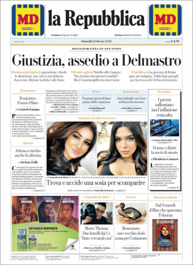 Portada de La Repubblica (Italia)