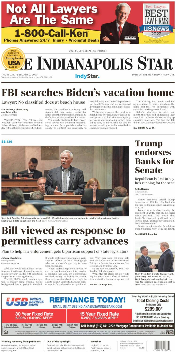 Portada de The Indianapolis Star (USA)