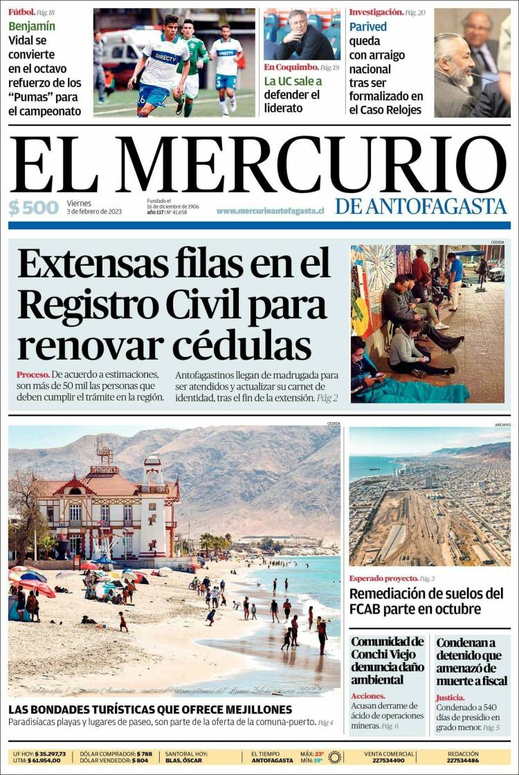 Portada de El Mercurio de Antofagasta (Chile)