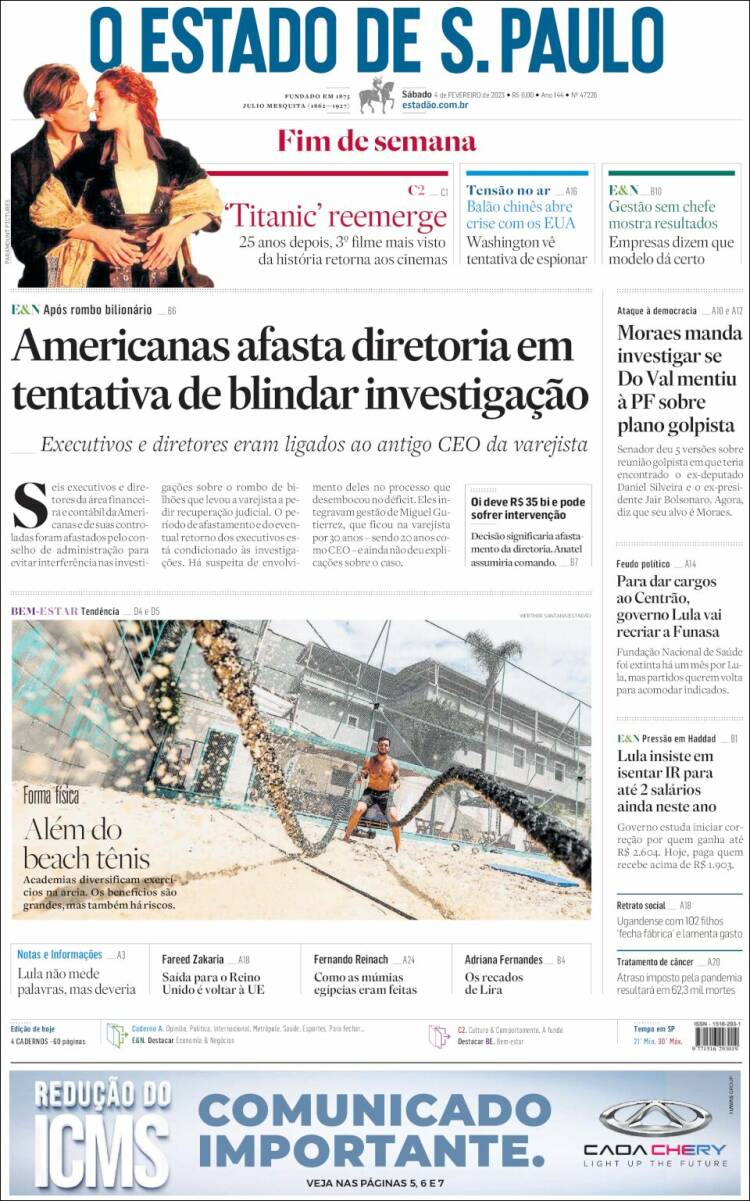 Portada de O Estado de São Paulo (Brasil)