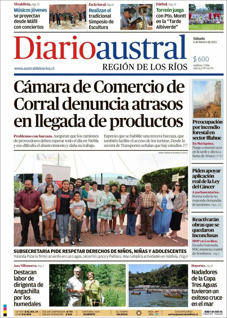 Portada de El Diario Austral de Valdivia (Chile)