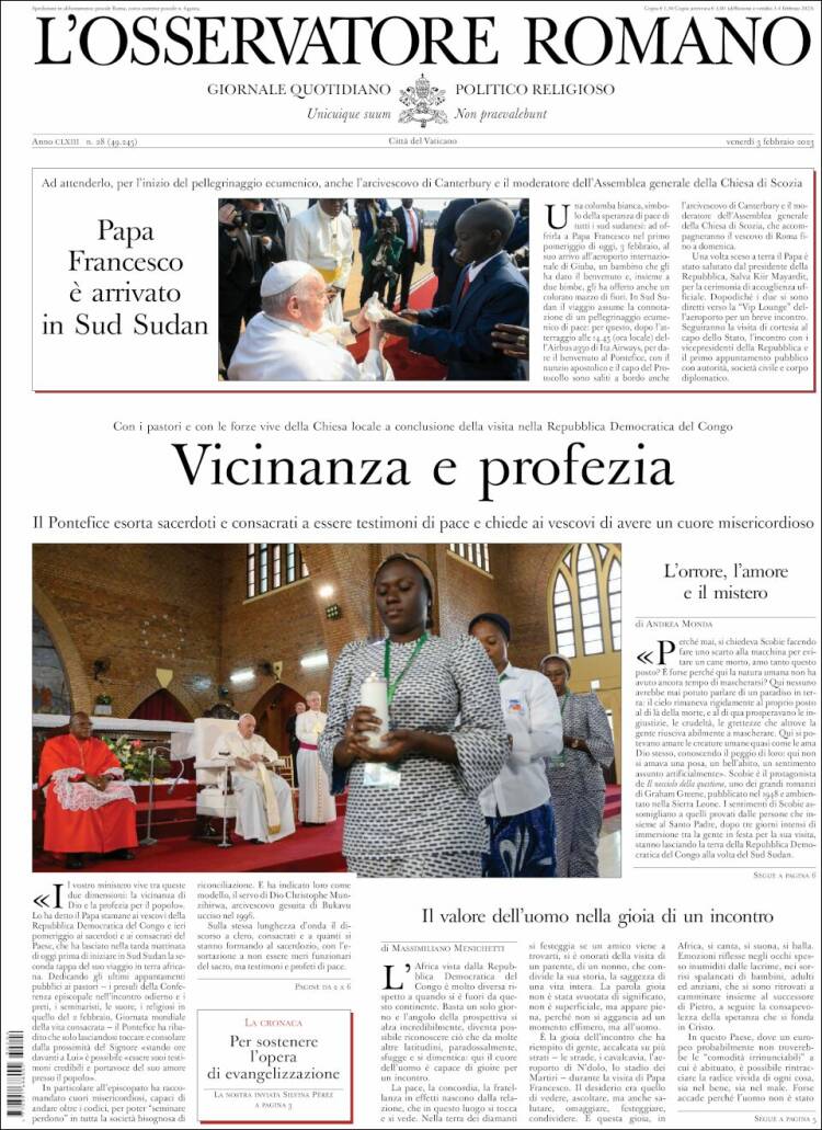Portada de L'Osservatore Romano (Italia)