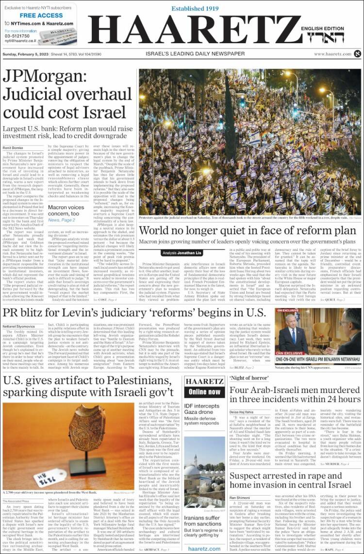 Portada de Haaretz (Israel)