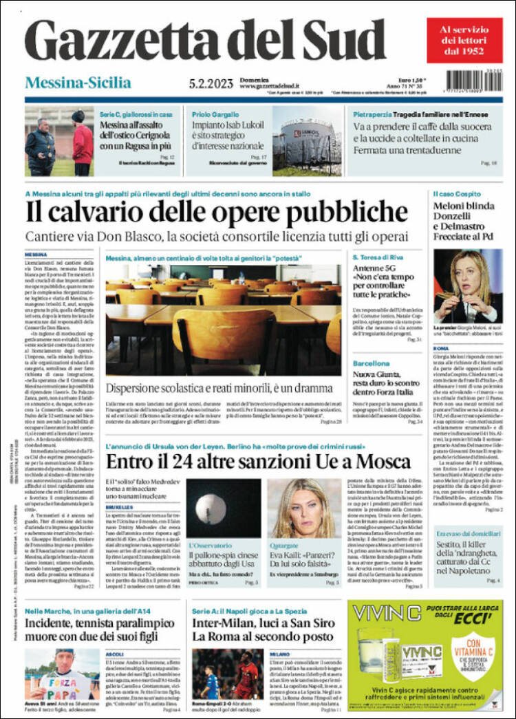 Portada de Gazzetta del Sud (Italia)