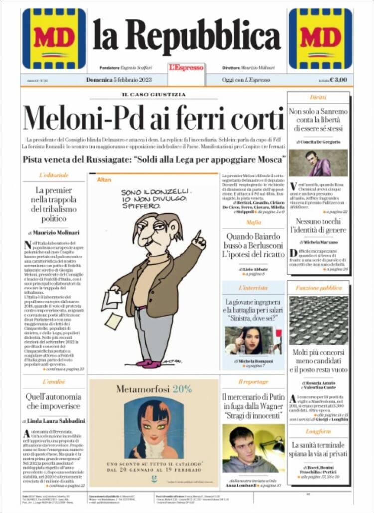 Portada de La Repubblica (Italia)