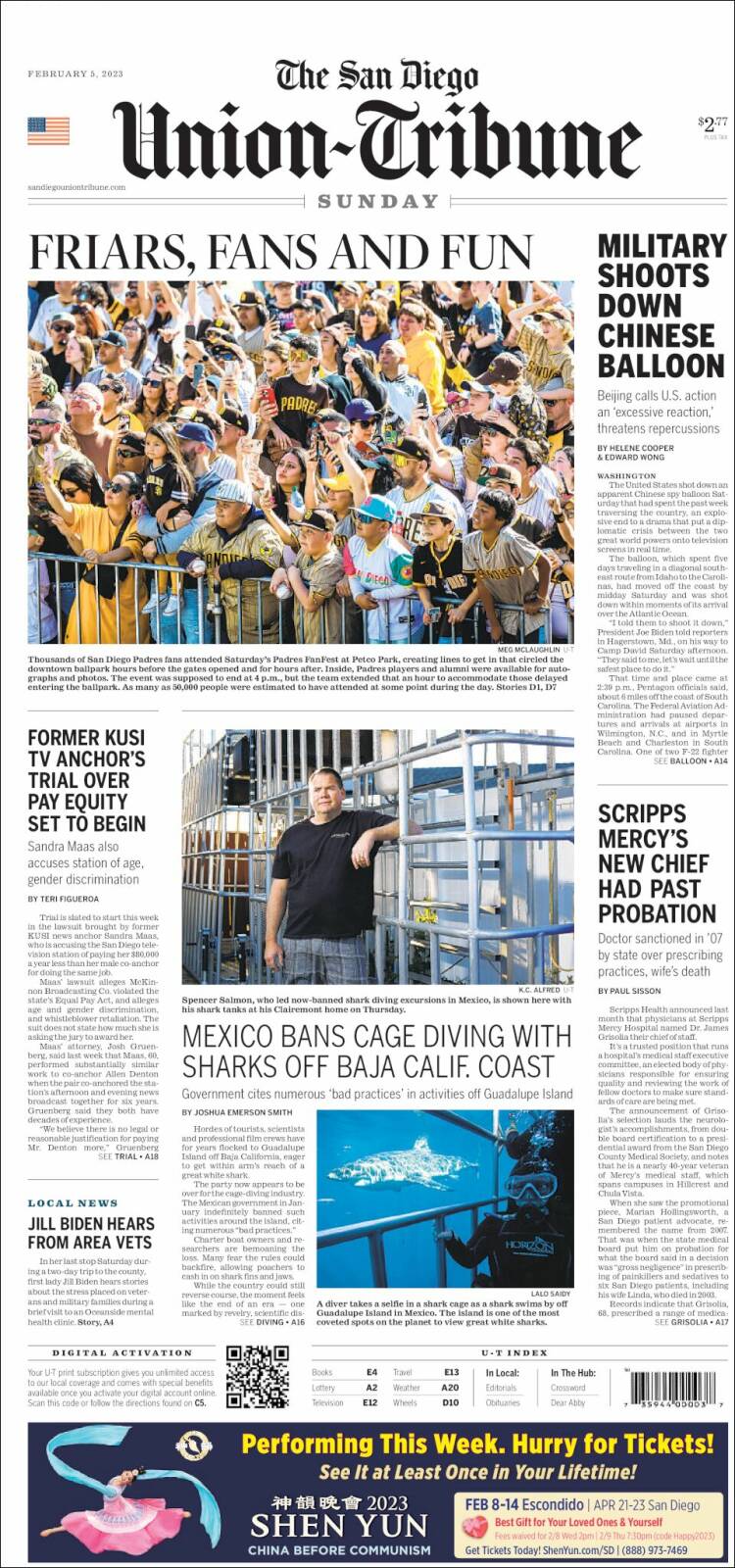 Portada de The San Diego Union-Tribune (USA)