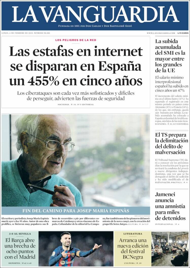 Periódico La Vanguardia (España). Periódicos de España. Edición de lunes, 6 de febrero 2023.