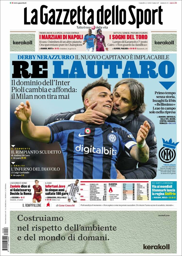 Portada de La Gazzetta dello Sport (Italie)