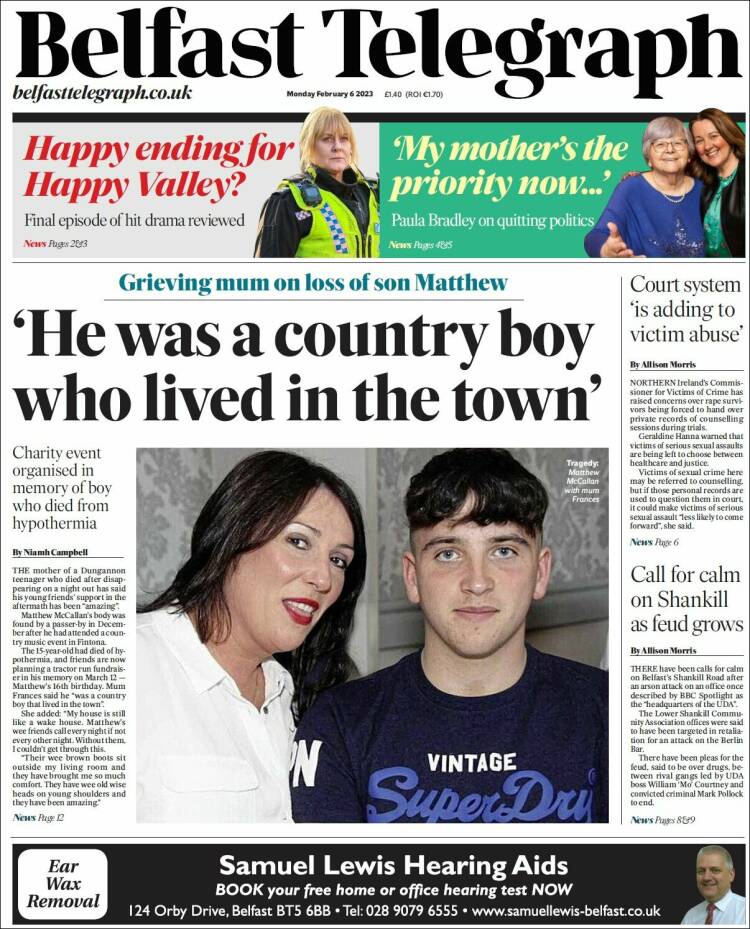 Portada de Belfast Telegraph (Reino Unido)