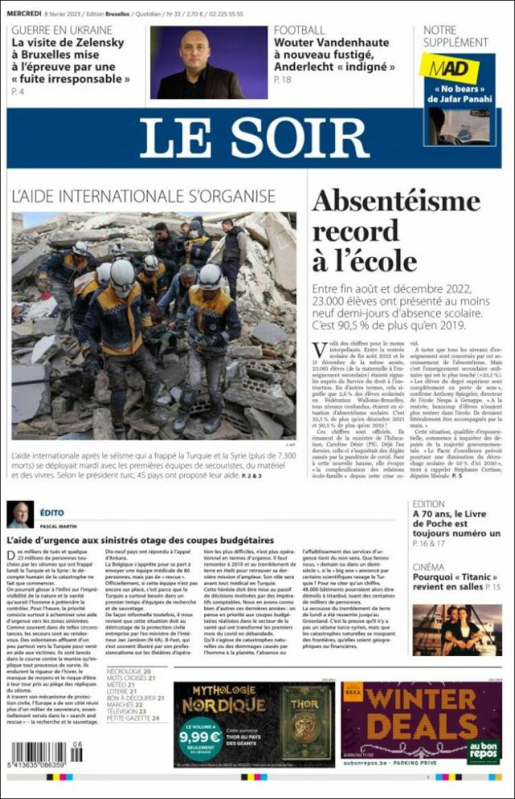 Portada de Le Soir (B&eacute;lgica)