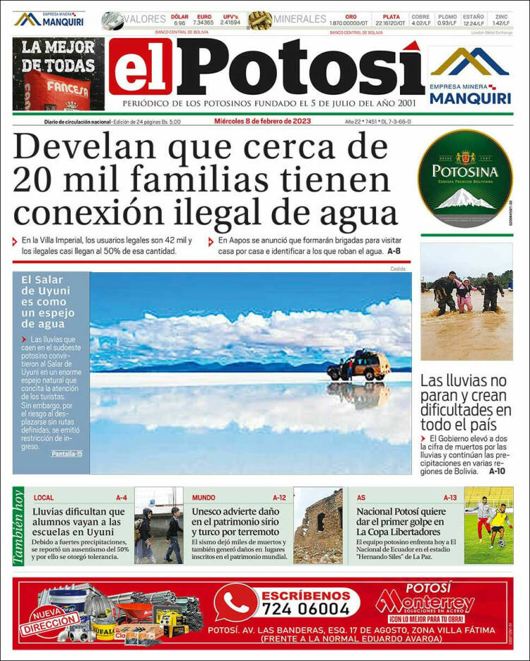 Portada de Diario de Potosí (Bolivia)